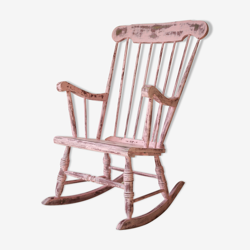 Rocking-chair vintage 50 en bois patine rose | Selency