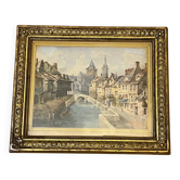 Framed antique engraving under glass