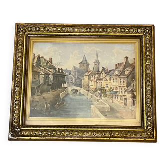 Framed antique engraving under glass