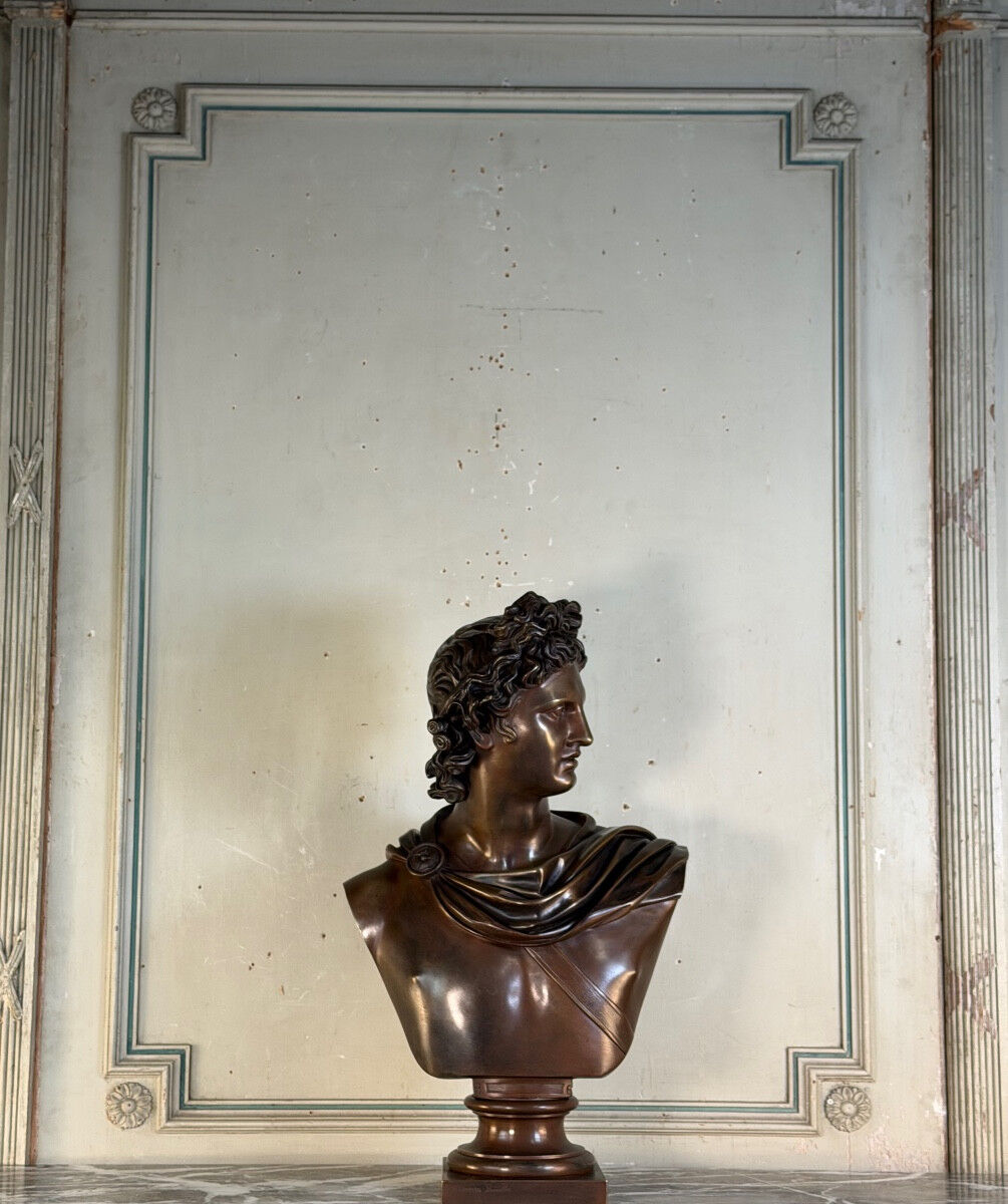 Bronze patina bust medal, Apollo of the Belvedere, bronzier Luppens, 19th century