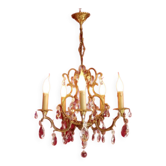 French vintage 5 light bronze cage chandelier adorned with crystal droplets 4406