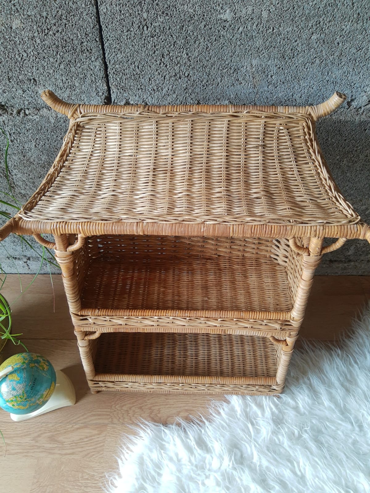Wall shelf or to be placed in unique Japanese style rattan vintage pagoda
