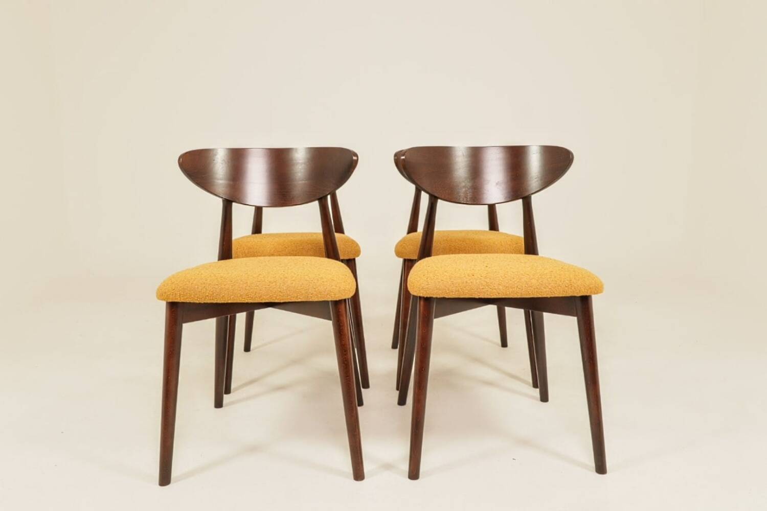 Ocra Dining Chairs set of 6, yellow bouclè fabric, Dark wood