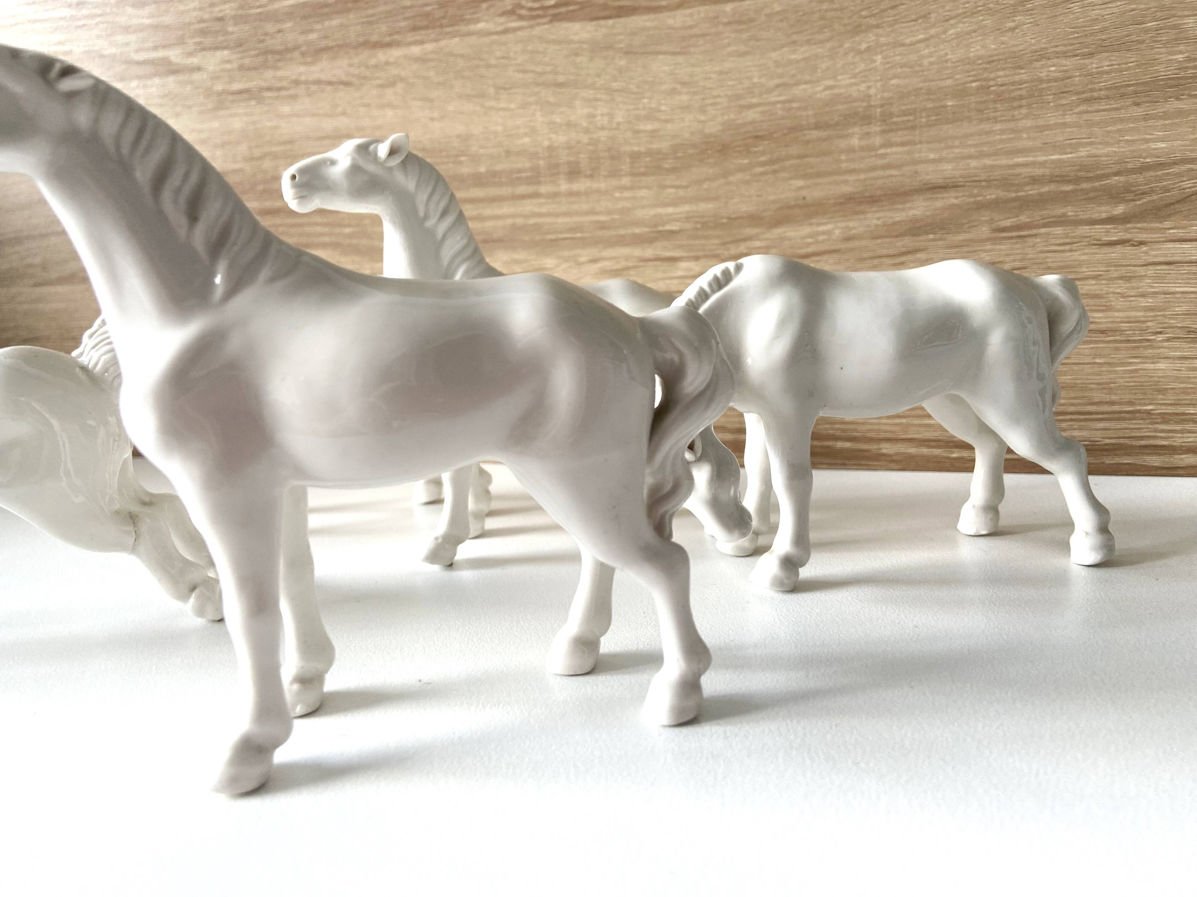 5 White Porcelain Glazed Horses of Happiness Figurines Statuettes