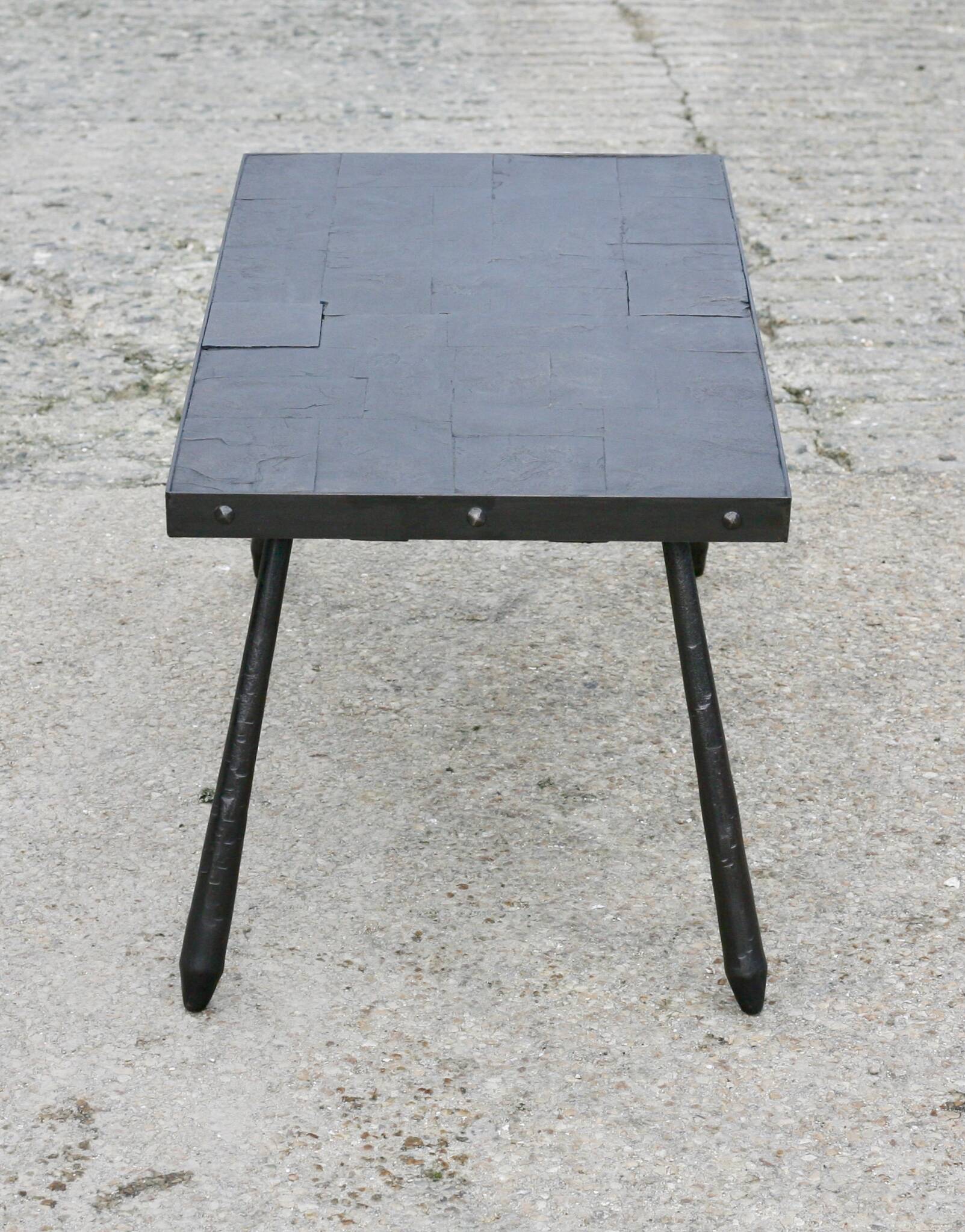 Brutalist coffee table, slate top and steel base, France, 1960s