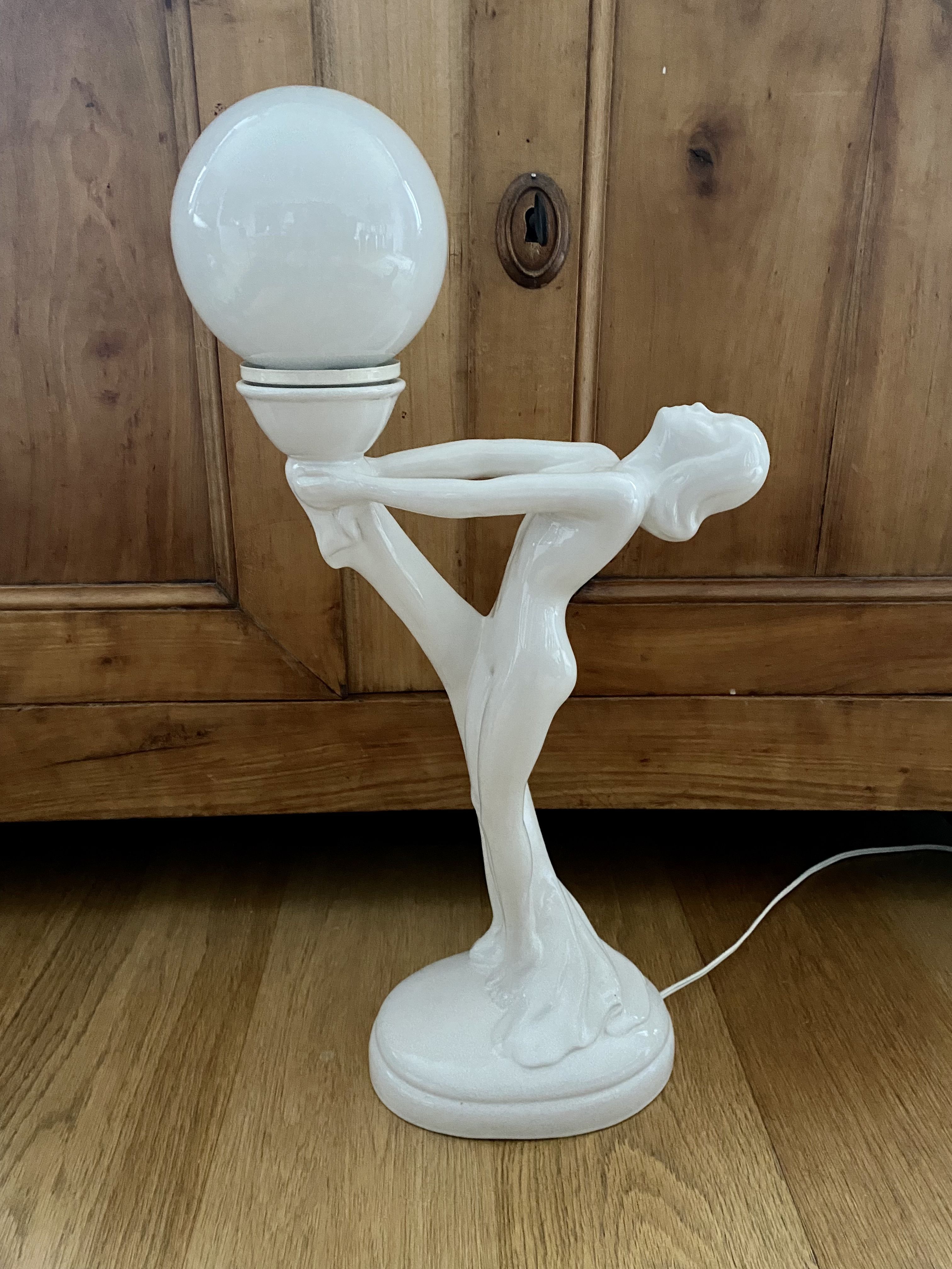 White ceramic lamp and opaline globe woman art deco art nouveau
