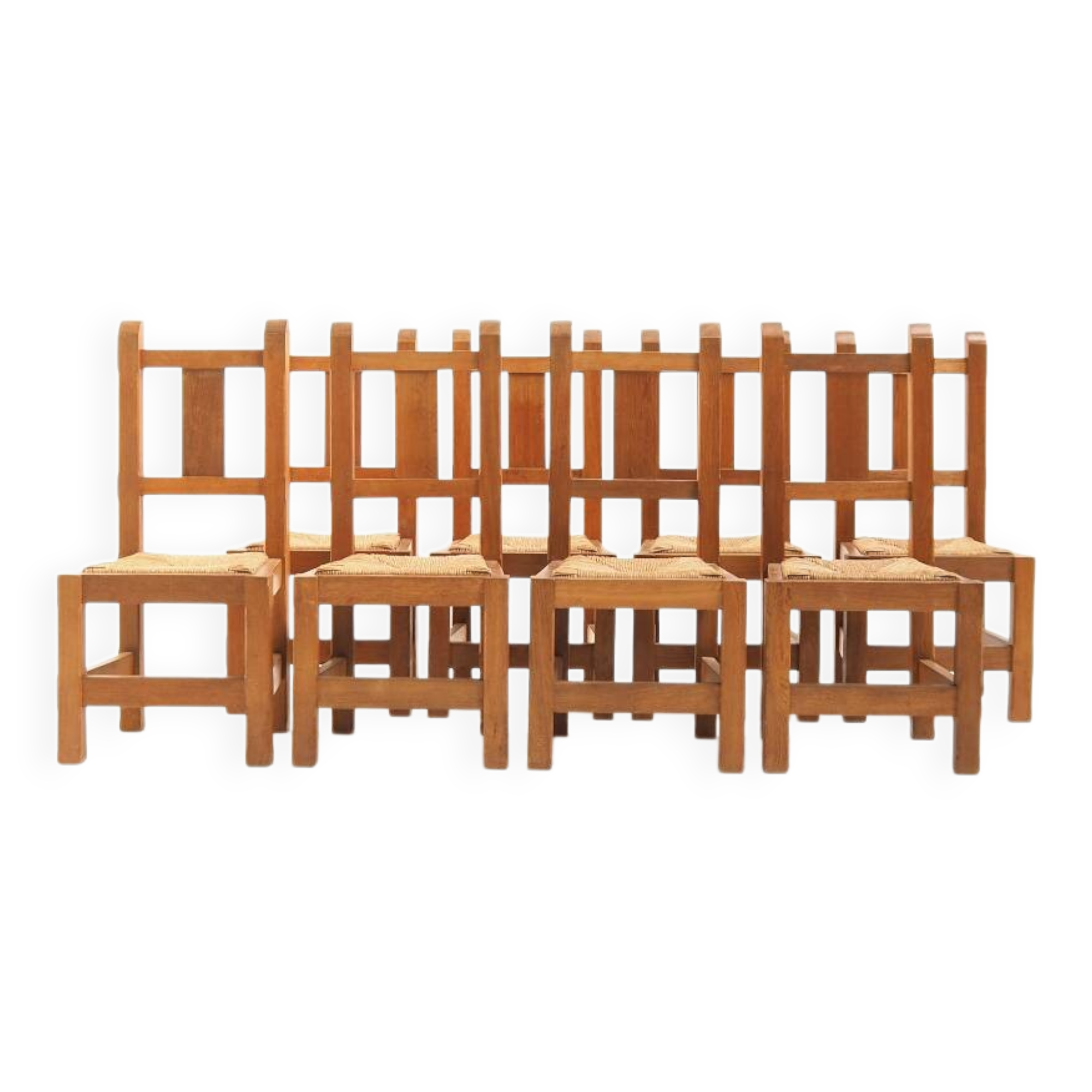 Set of Eight Handmade Solid Oak Chairs, 1970s