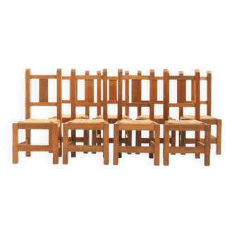 Set of Eight Handmade Solid Oak Chairs, 1970s