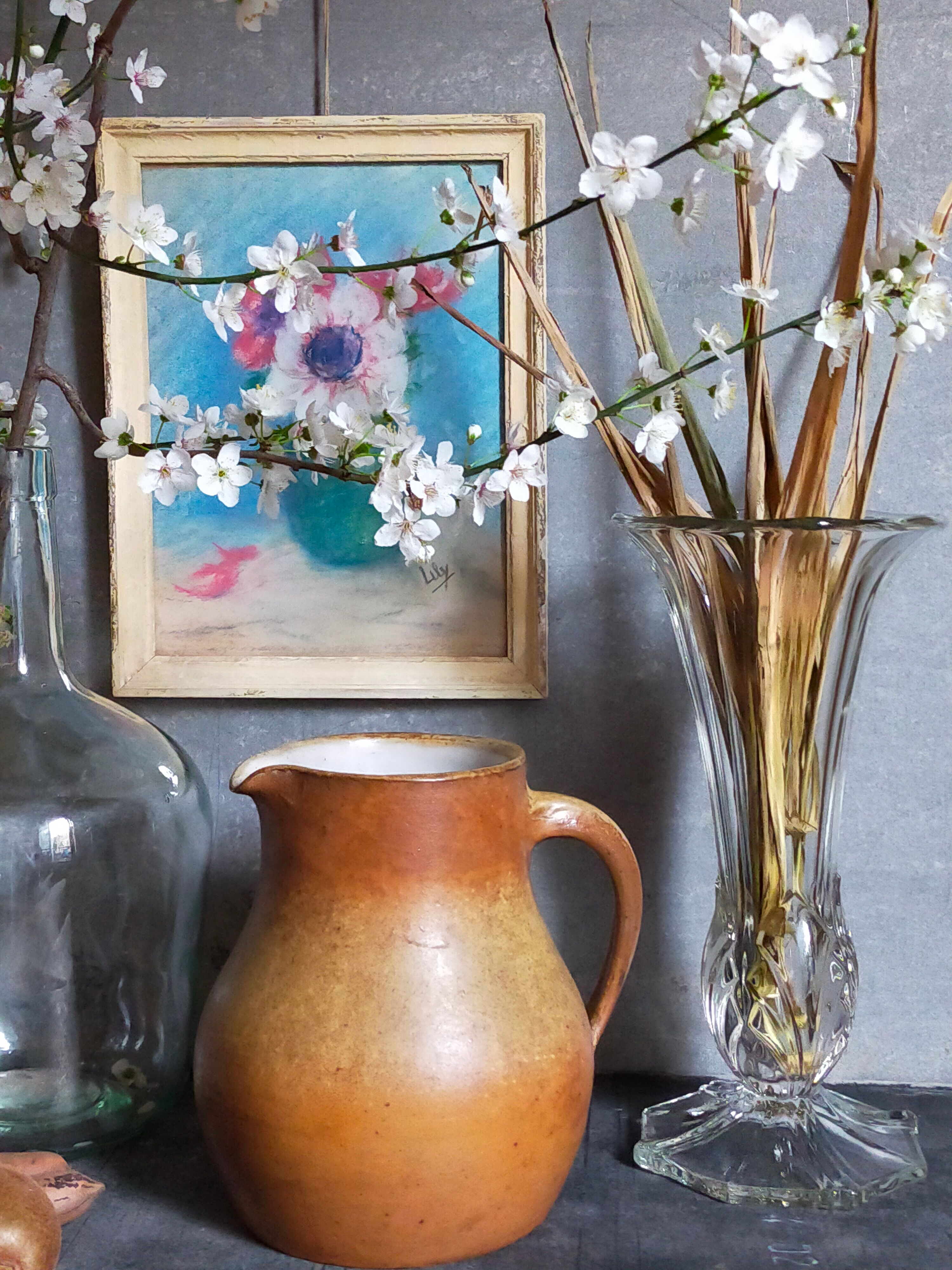 Pastel encadré "Les anémones" vintage