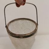 Old, vintage and super delicious ice bucket in frosted glass with stain silver/metal ring and handle