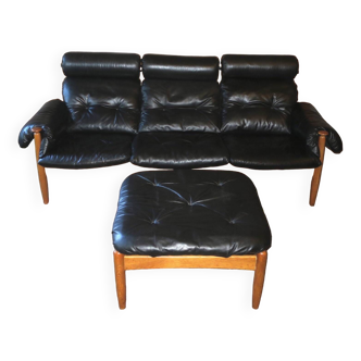 Eric Merthen leather 3-seater sofa with ottoman, 1960s