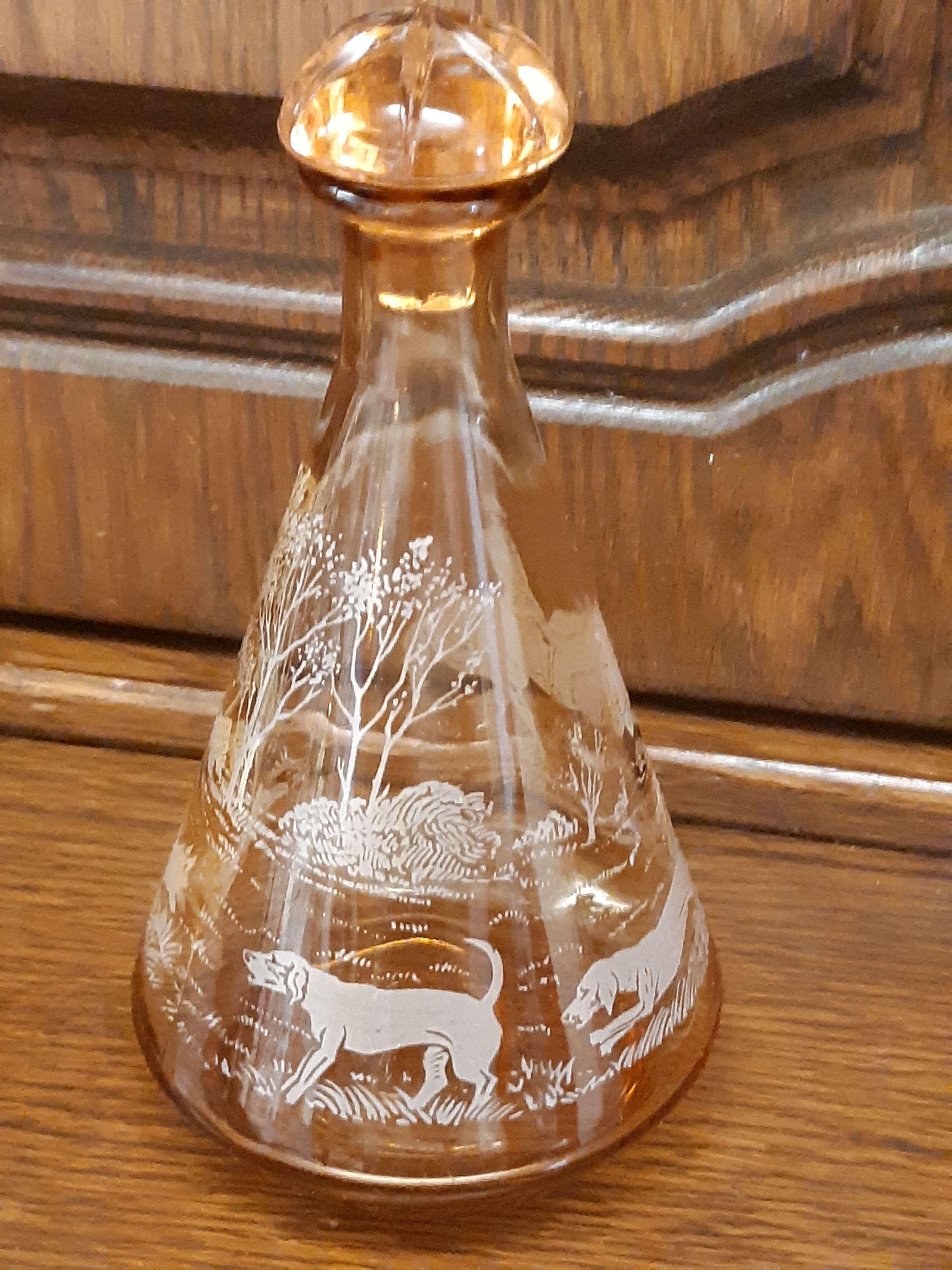 Moulded blown glass decanter with equestrian fox hunting décor, belle époque