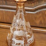 Moulded blown glass decanter with equestrian fox hunting décor, belle époque