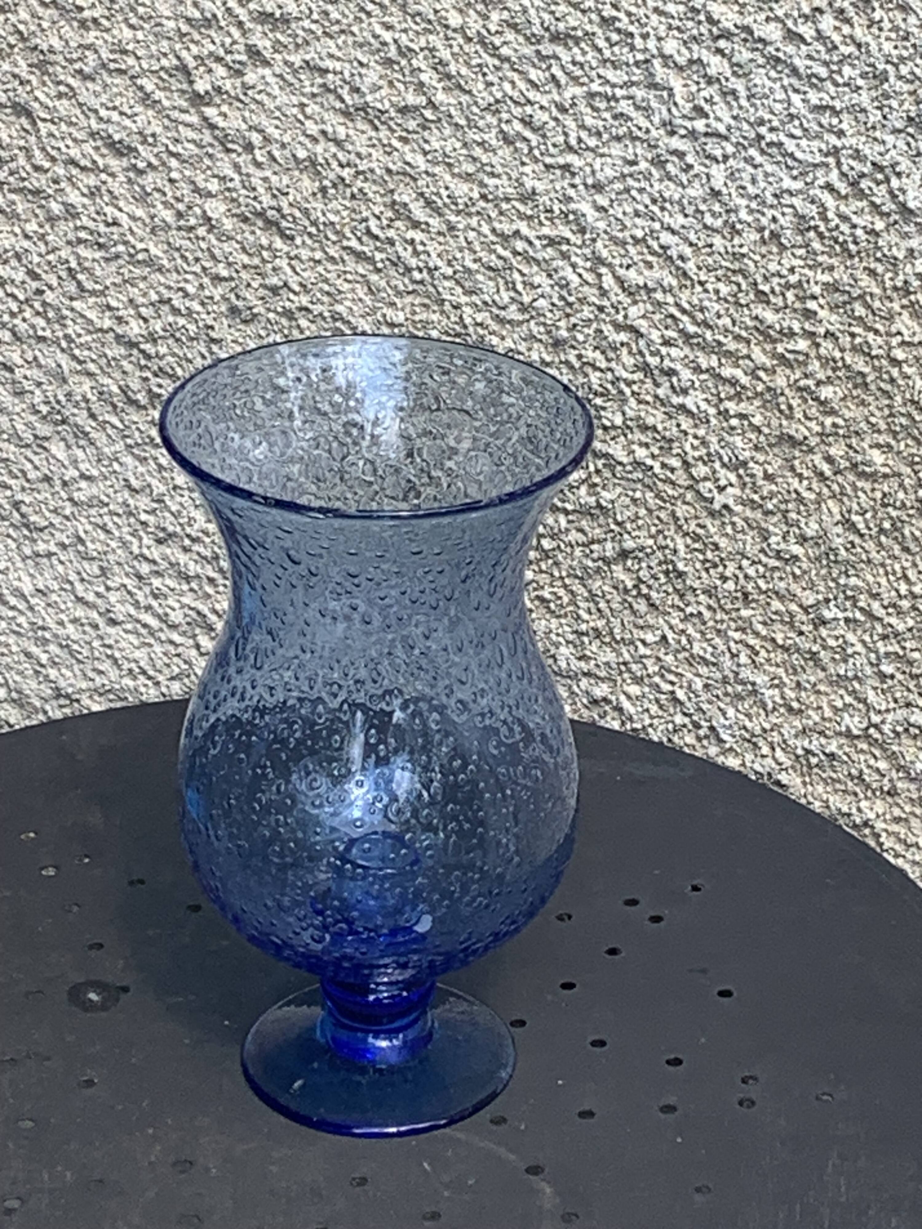Blue blown glass tealight holder, Biot glassworks, collector's item