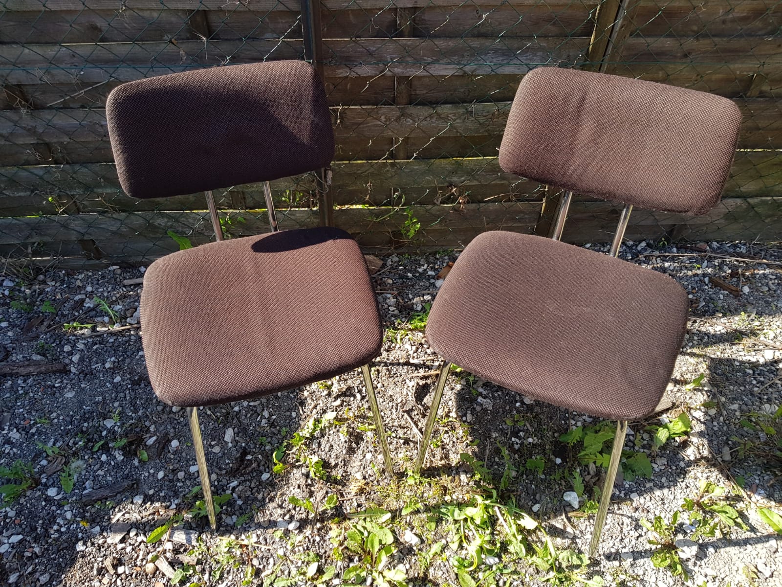Pair old metal chair chromé - vintage 70s brown fabric