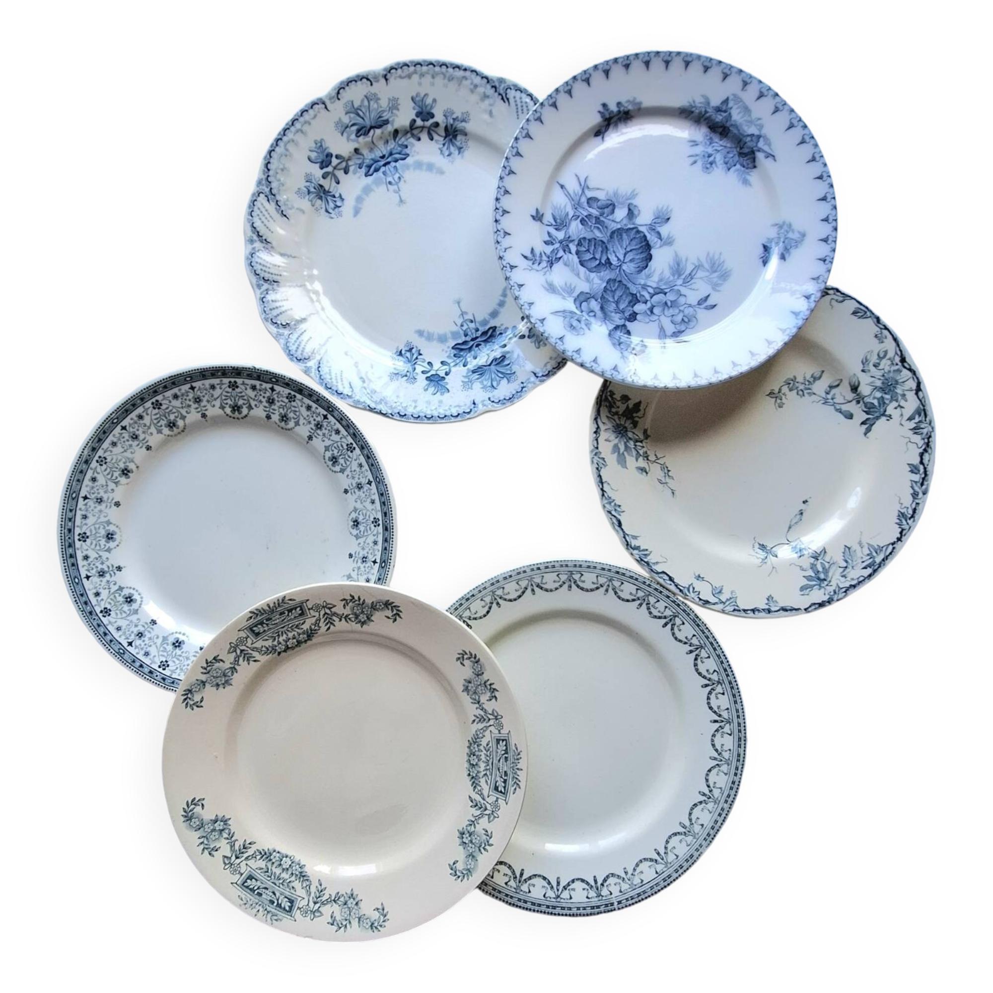 Mismatched old flat plates in iron earthenware