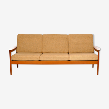 Canapé trois places en teck confort tissu laine vintage années 60