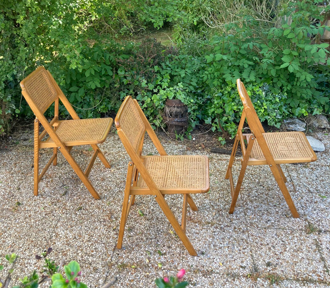 Lot de 3 chaises pliantes en bois et cannage