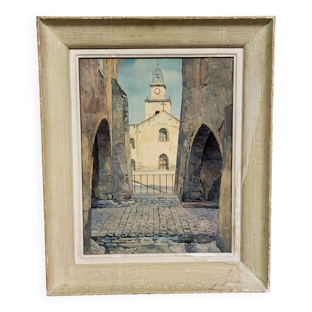 René Ricard : Aquarelle figurative représentant une vue architecturale ...