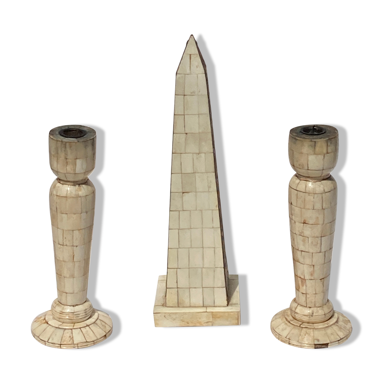 Grand tour bone inlay candle holders, candle sticks and obelisk, ca 1895 France