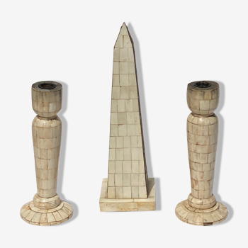 Grand tour bone inlay candle holders, candle sticks and obelisk, ca 1895 France