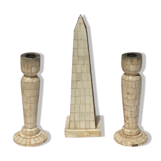 Grand tour bone inlay candle holders, candle sticks and obelisk, ca 1895 France