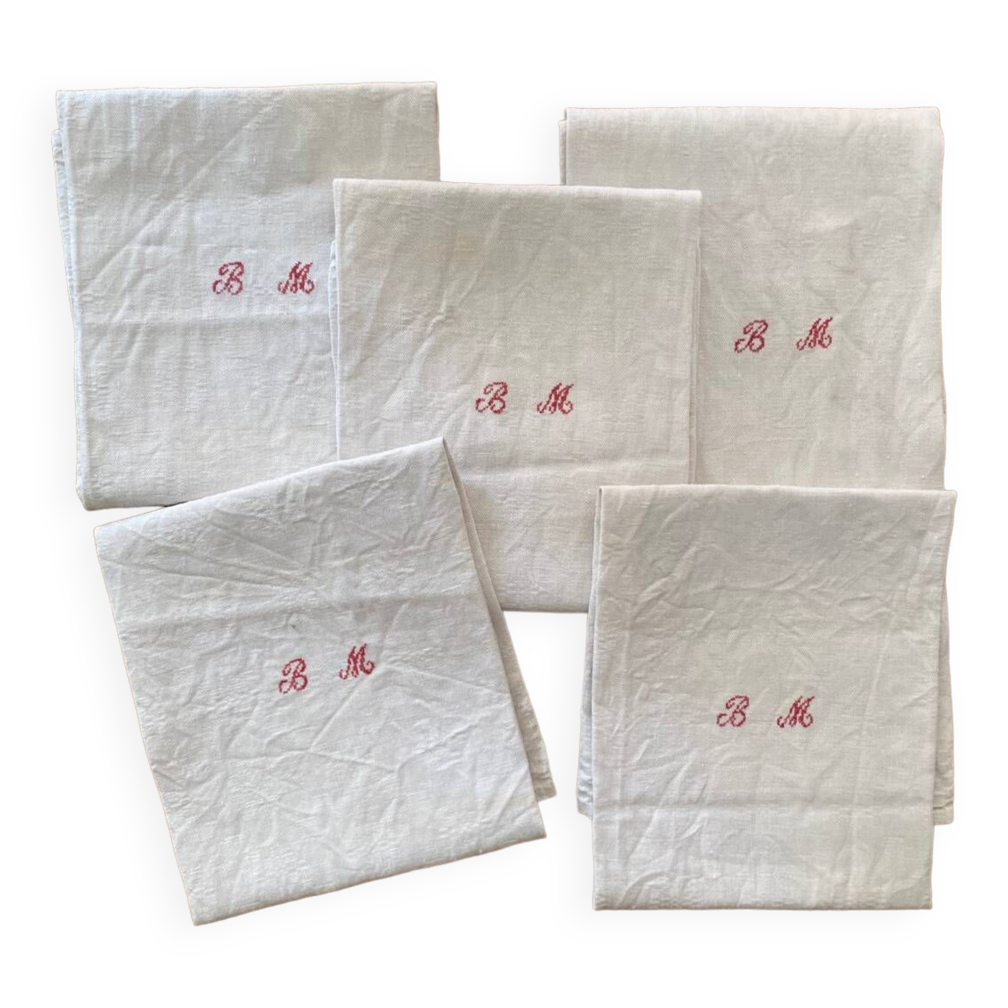 5 country tea towels in BM monogram linen damask.