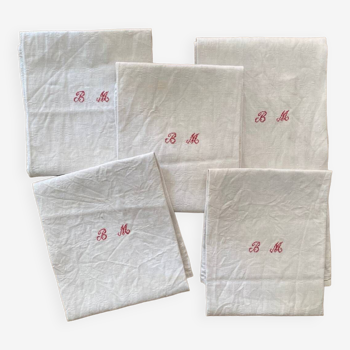 5 country tea towels in BM monogram linen damask.