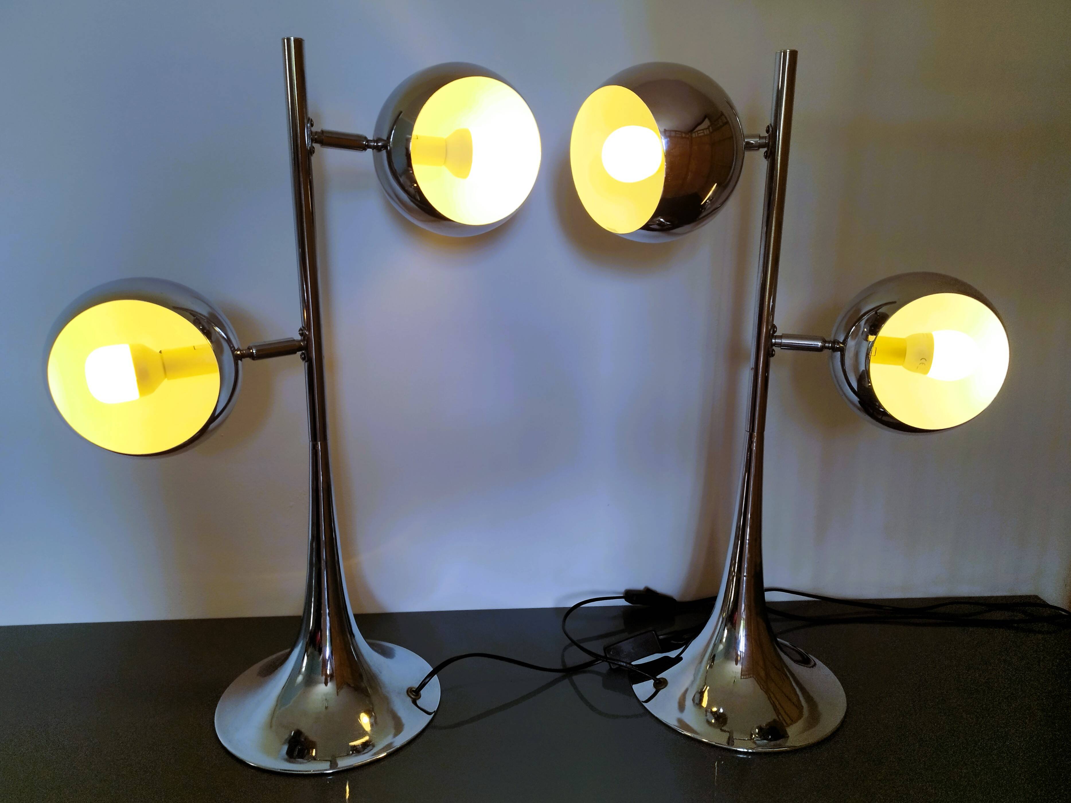 Rare vintage chrome lamps eye ball - tulip base - adjustable globes