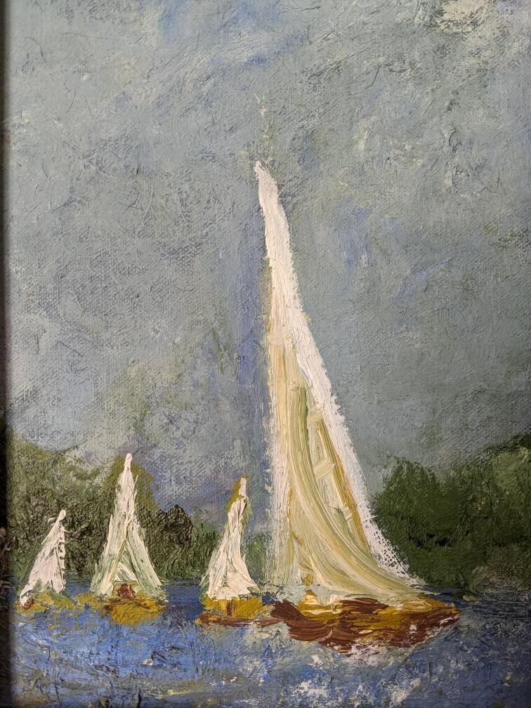 Old acrylic painting on canvas sailboats boats seaside