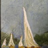 Old acrylic painting on canvas sailboats boats seaside