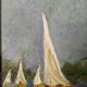 Old acrylic painting on canvas sailboats boats seaside