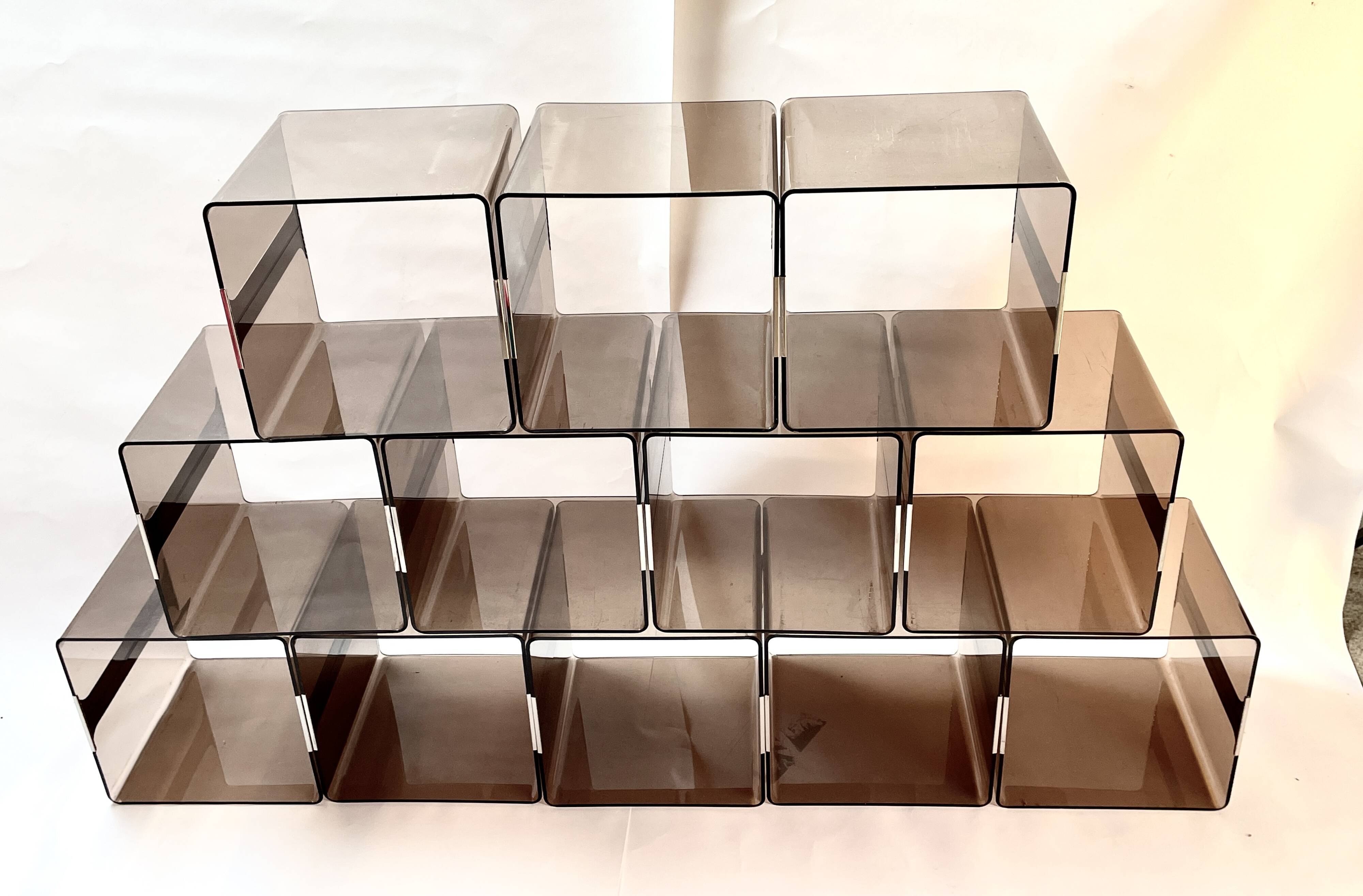 Set of 12 Michel Dumas lockers, smoked plexiglass and chrome insert.