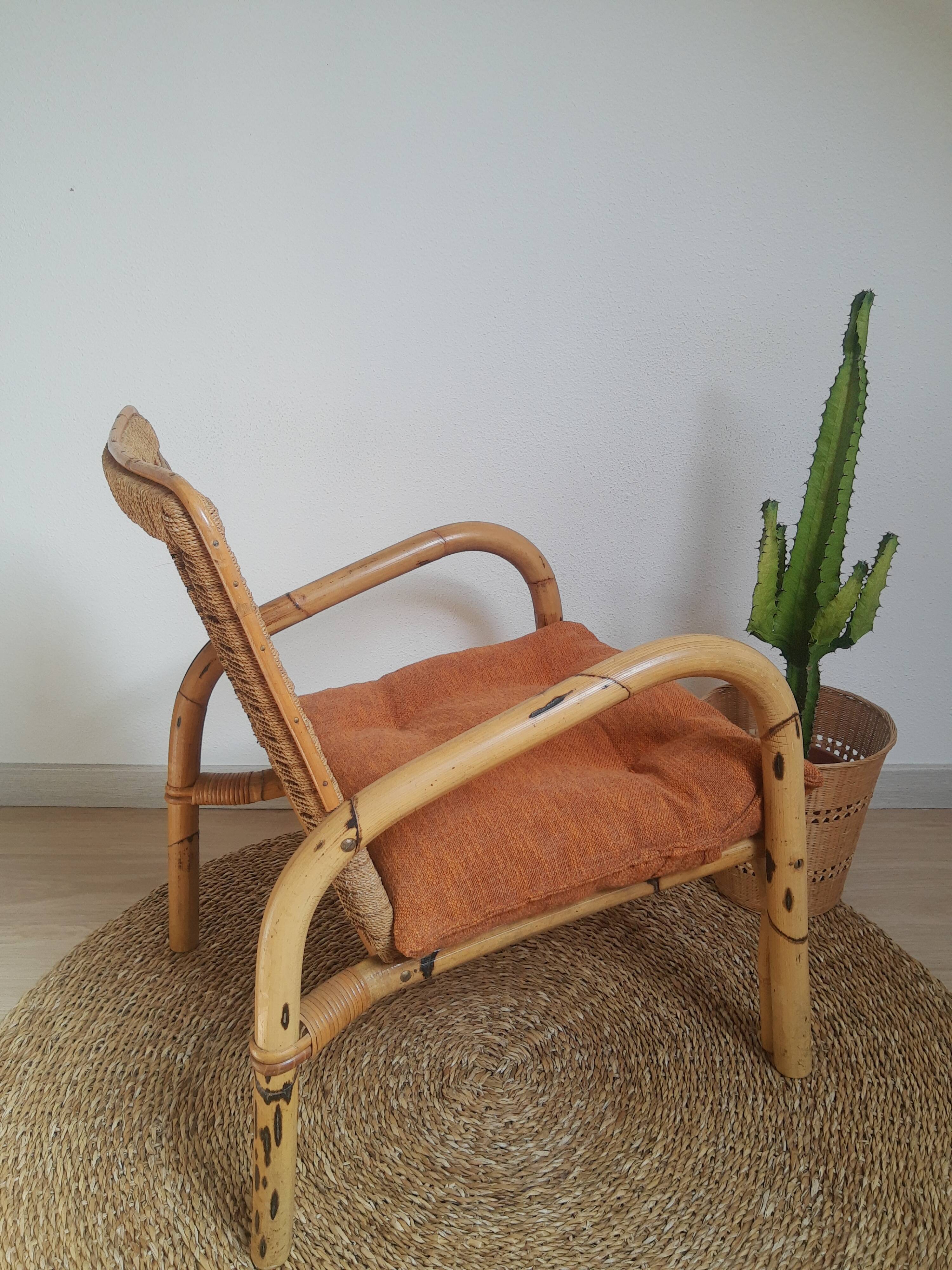 Vintage rattan and braided rope armchair