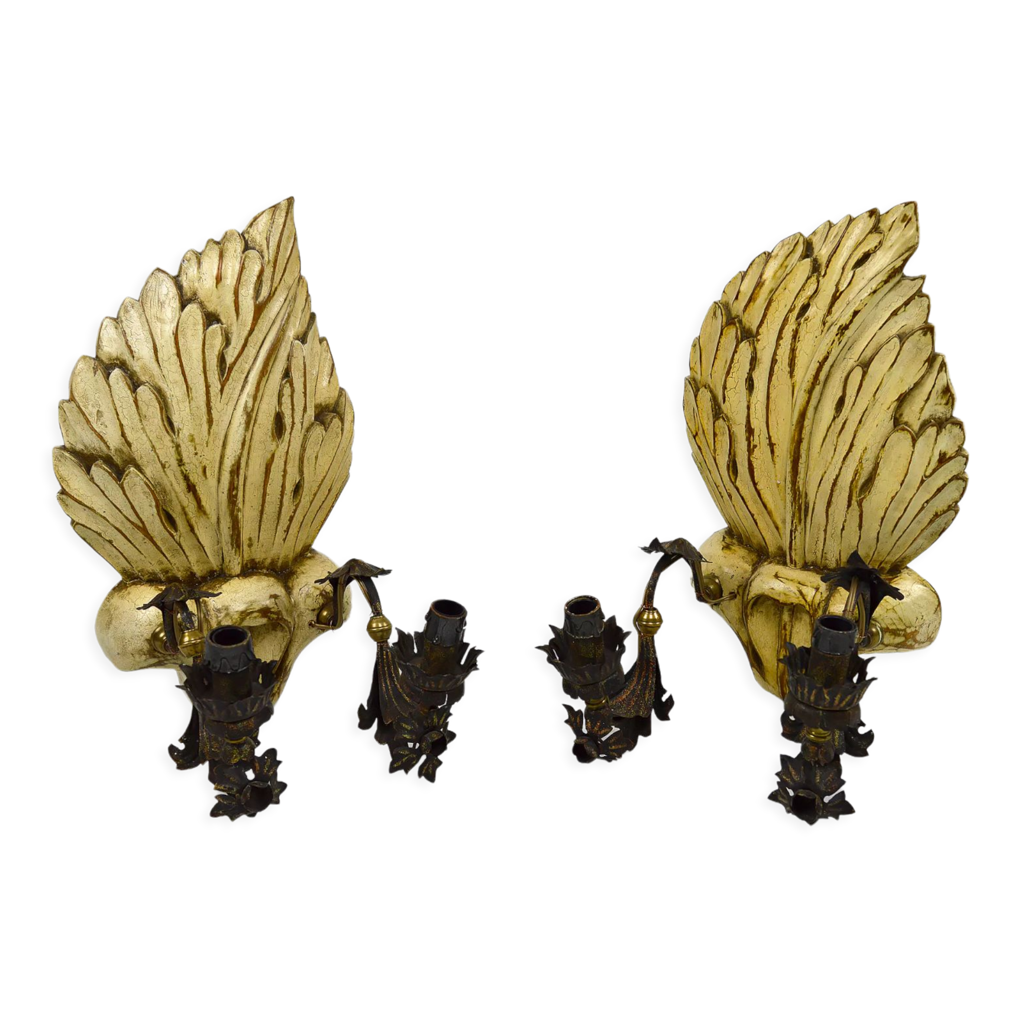 Pair of Hollywood Regency sconces in carved, painted and patinated wood, 1950s