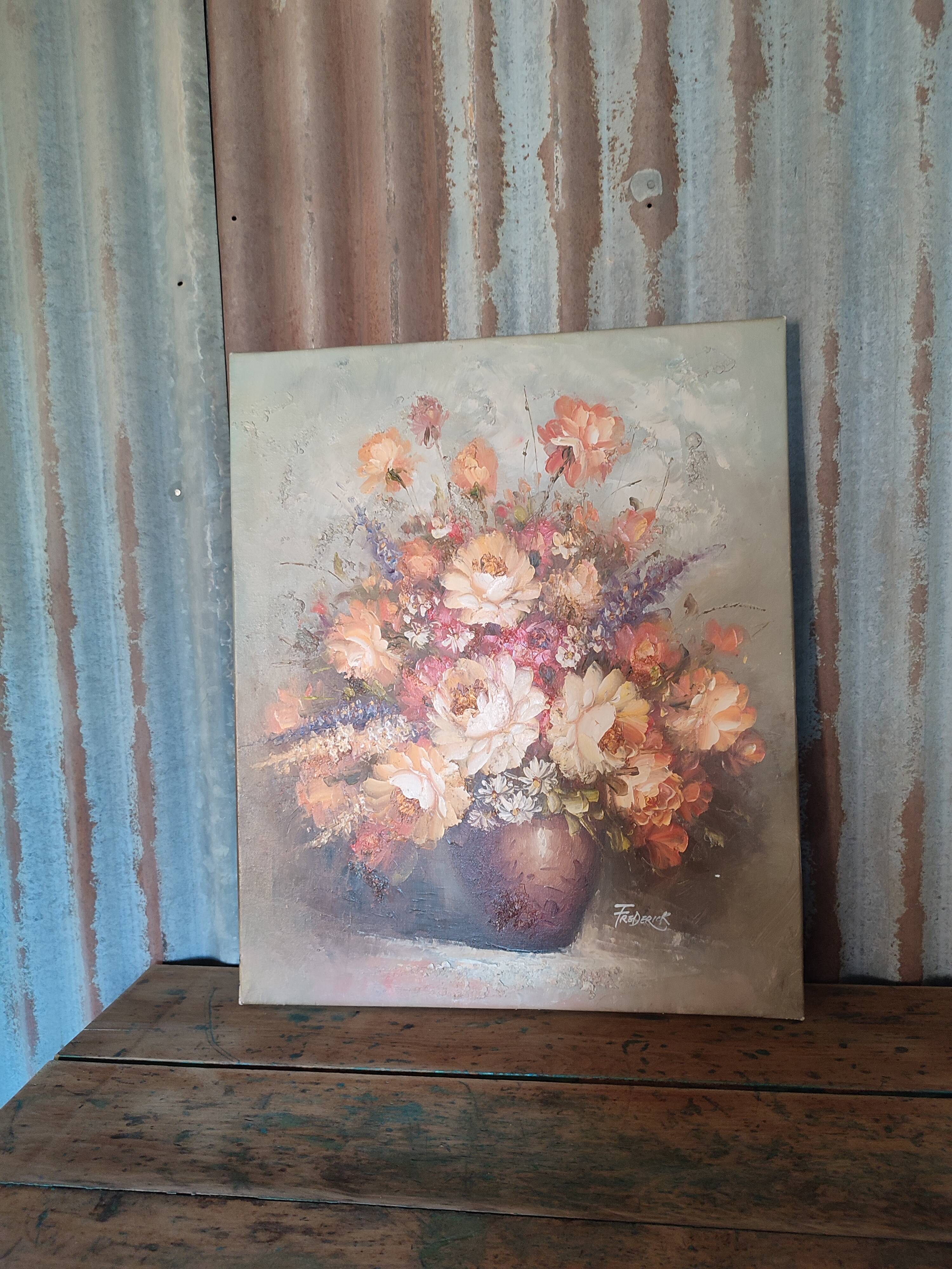 Bouquet de fleurs : Tableau ancien huile sur toile