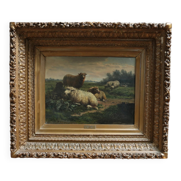 Frans Lebret – Paysage du soir avec des moutons au repos – vers 1875