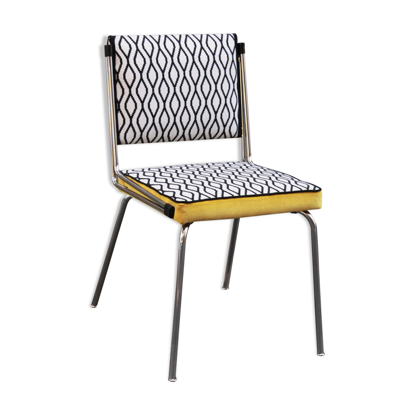 Chaise tube rétro motifs noirs et blancs velours jaune