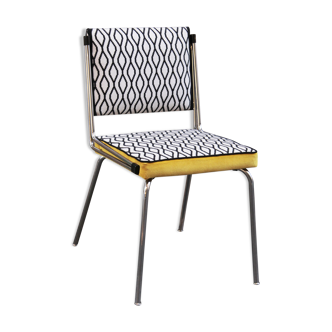 Chaise tube rétro motifs noirs et blancs velours jaune