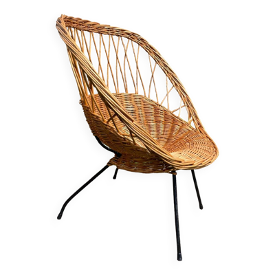 Fauteuil en rotin vintage 50-60 pieds métal noir