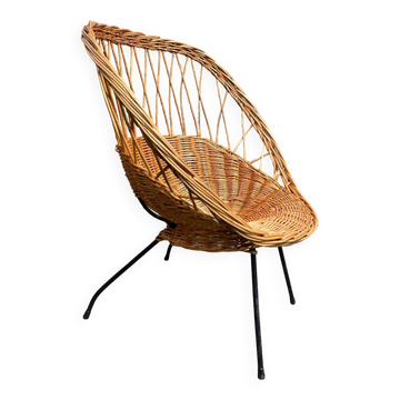 Vintage rattan armchair 50-60 black metal legs