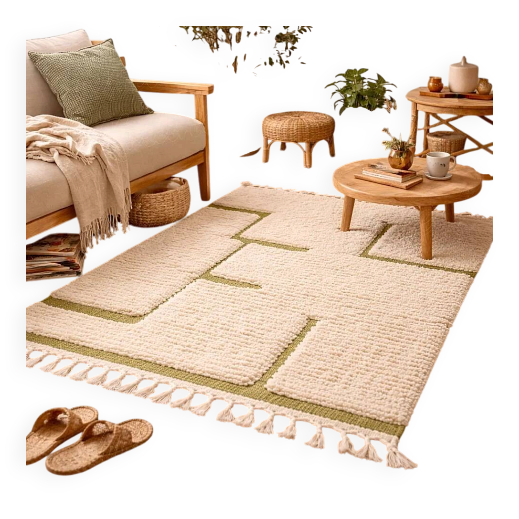 Beige Berber rug with a structured green abstract pattern.