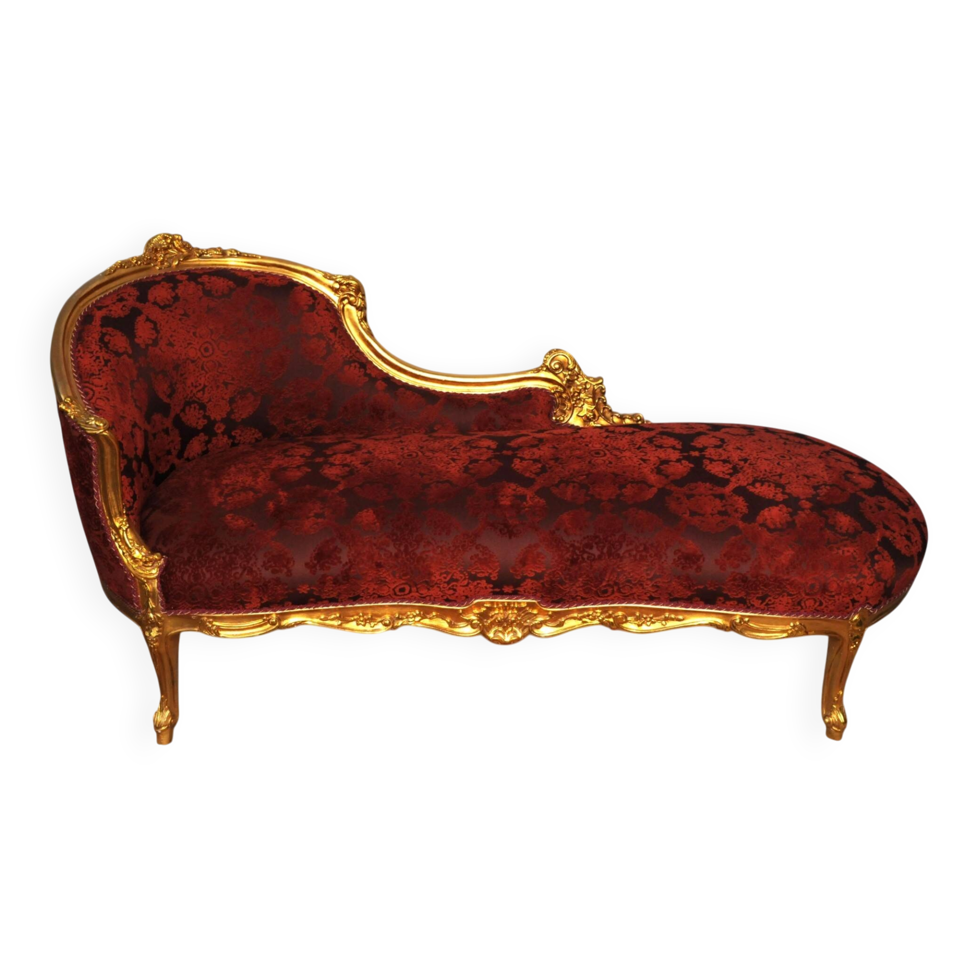 Louis XV style bench, red and gold, carved beech wood and lace
