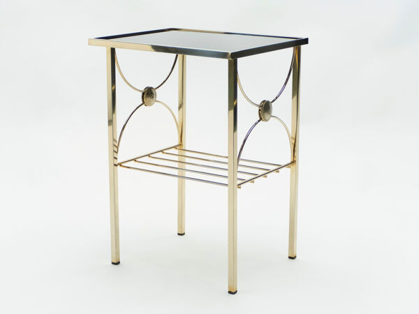 Paire bouts de canapé métal doré verre opalin noir 1960