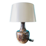 Lampe en terre cuite à glaçure et coulure brun, aucre et beige foncé. Quimper, France 1960