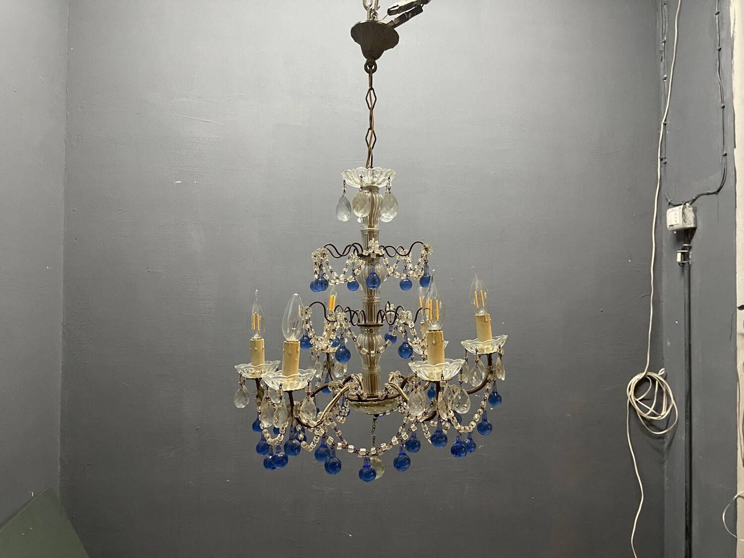 Vintage Italian Macaroni Murano  Blue Chandelier