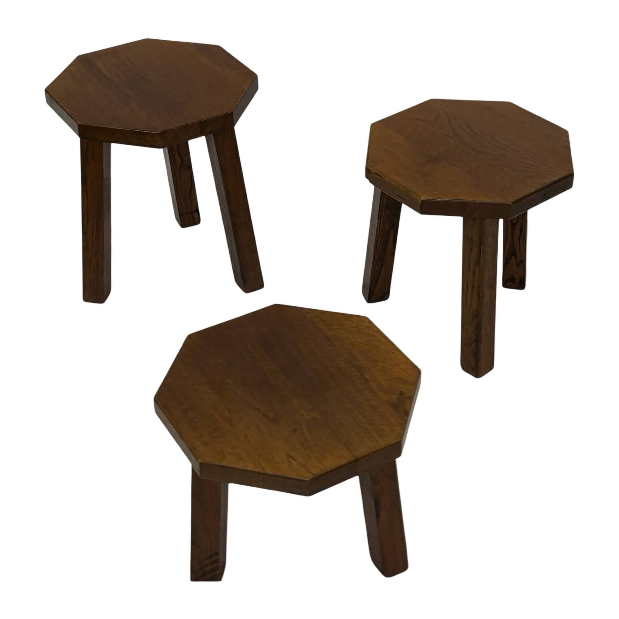 Tables d'appoint hexagonales brutalistes en chêne, années 1950, lot de 3