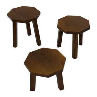 Tables d'appoint hexagonales brutalistes en chêne, années 1950, lot de 3
