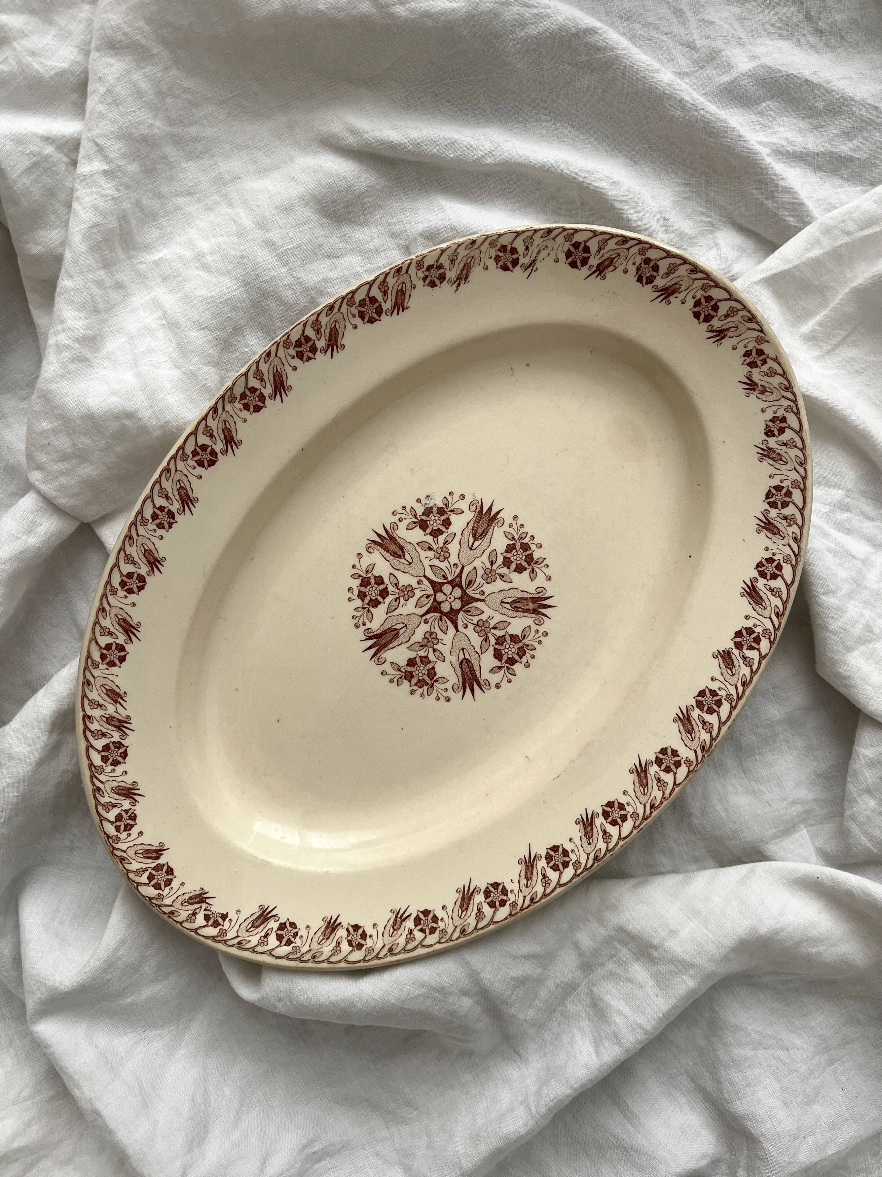 Oval ironstone dish with brown geometric decoration KG Lunéville