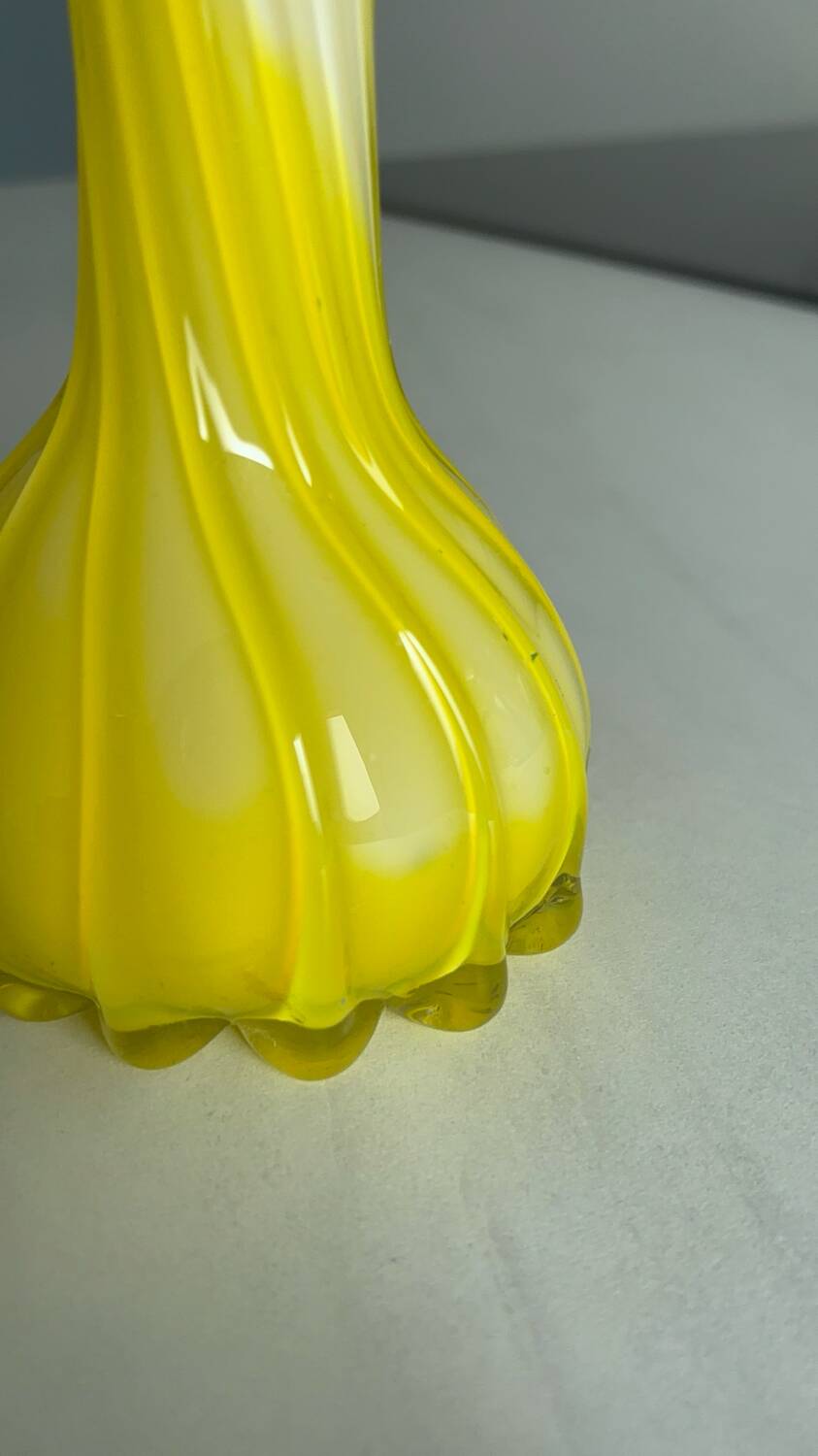 Yellow flower-shaped vase, vintage opaline glass, home decor, spring.